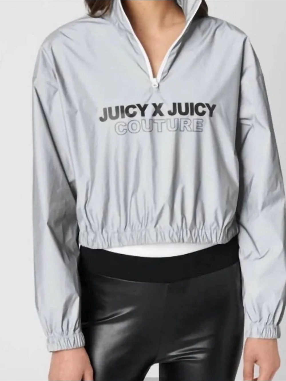 Juicy Couture Silver Reflective Light Gray Cropped Pullover Windbreaker Jacket